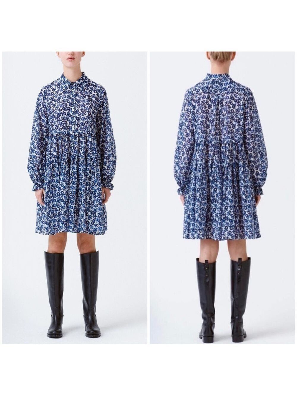 Munthe Rita Floral Dot Long Sleeve Organic Cotton Silk Blend Shirt Dress in Navy